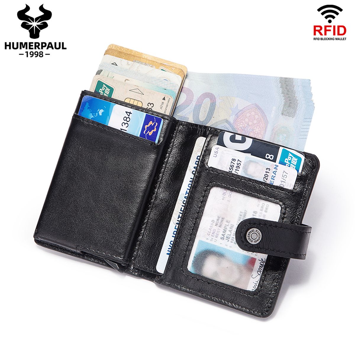 GENERICO - Billetera y Tarjetero de Cuero Vacuno BP981 con Cadena RFID