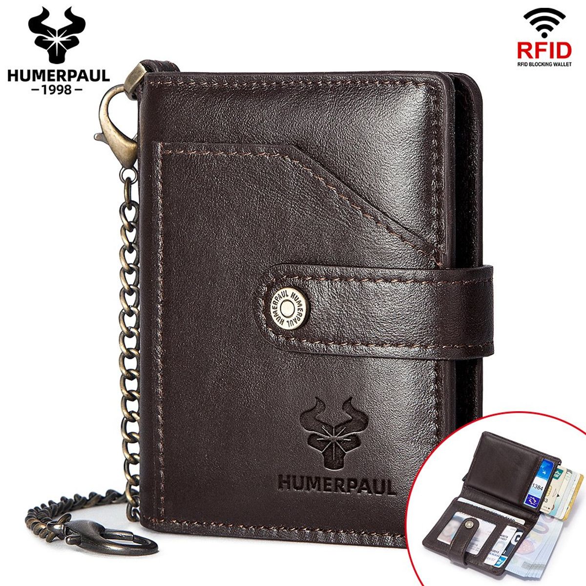 GENERICO - Billetera y Tarjetero de Cuero Vacuno BP981 con Cadena RFID