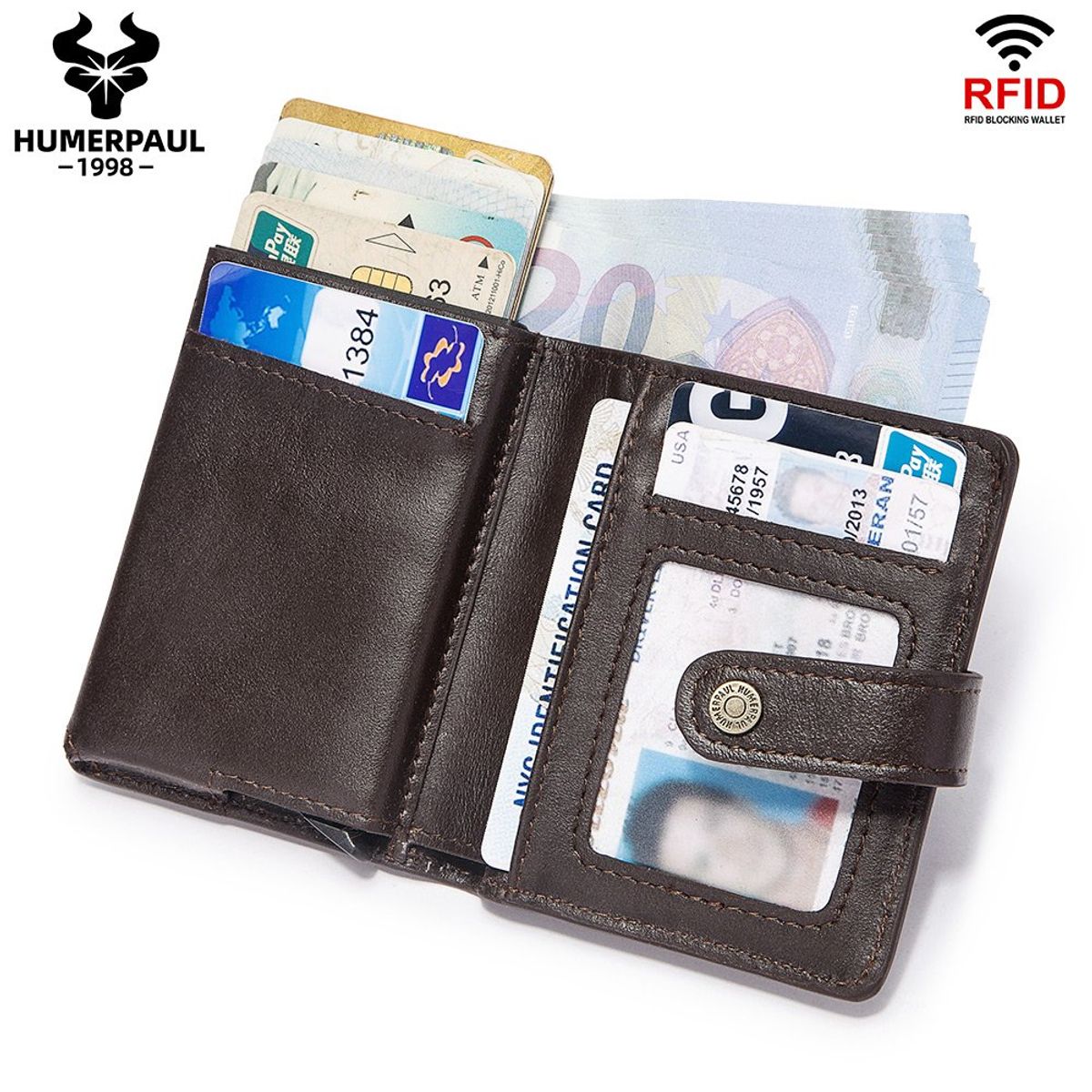 GENERICO - Billetera y Tarjetero de Cuero Vacuno BP981 con Cadena RFID