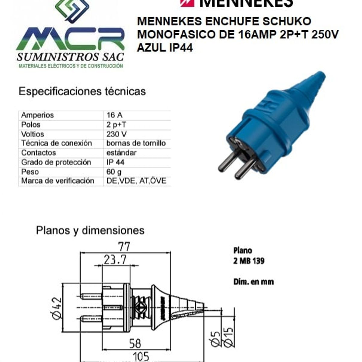 GENERICO - MENNEKES ENCHUFE SCHUKO MONOFASICO +TIERRA 16AMP 2P+T 250V AZUL IP44