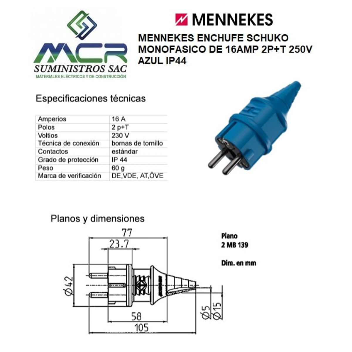 GENERICO - MENNEKES ENCHUFE SCHUKO MONOFASICO +TIERRA 16AMP 2P+T 250V AZUL IP44