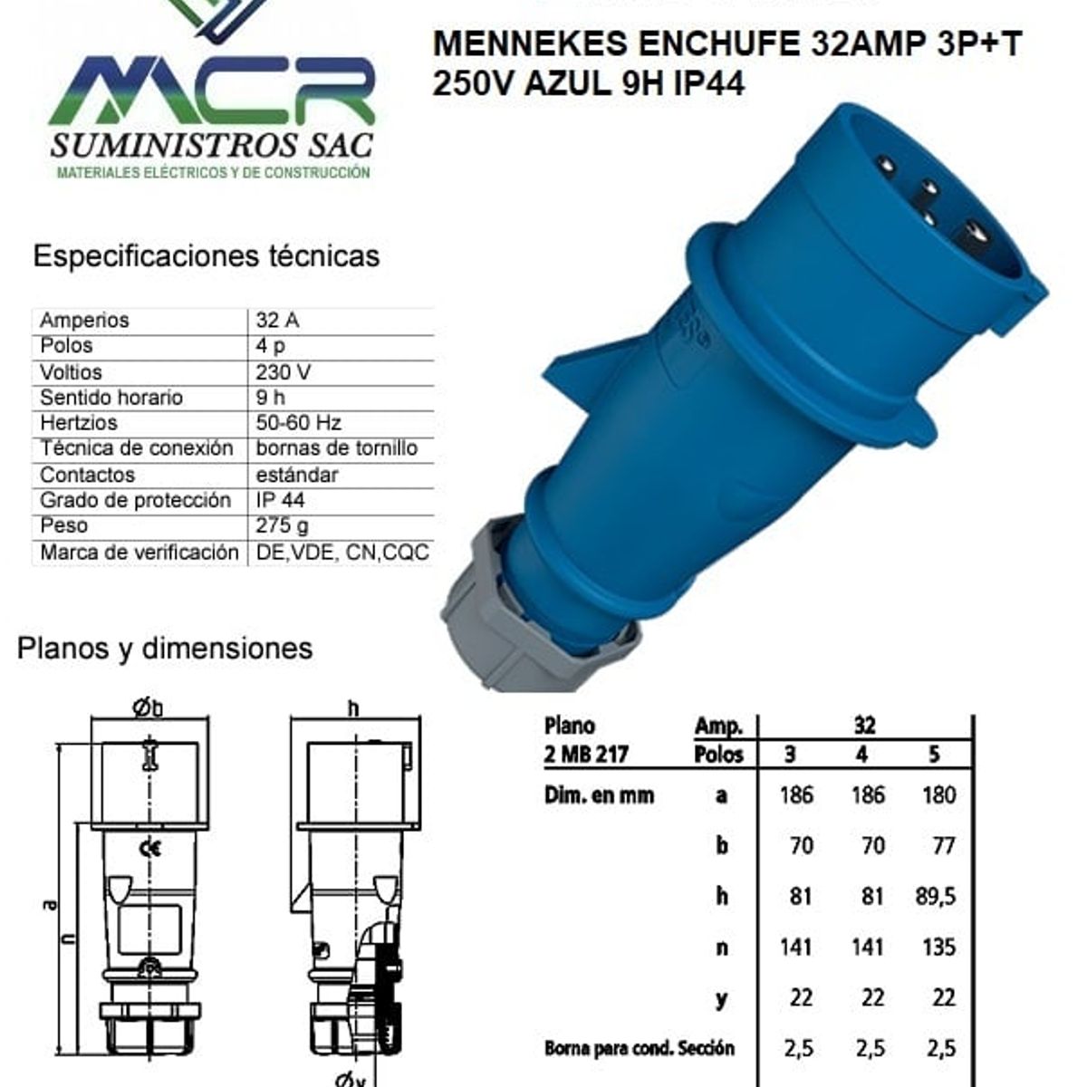 GENERICO - MENNEKES ENCHUFE TRIFASICO + TIERRA 32AMP 3P+T 250V AZUL 9H IP44