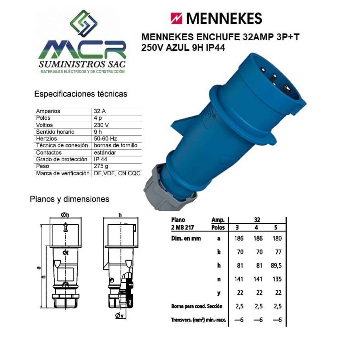 GENERICO - MENNEKES ENCHUFE TRIFASICO + TIERRA 32AMP 3P+T 250V AZUL 9H IP44