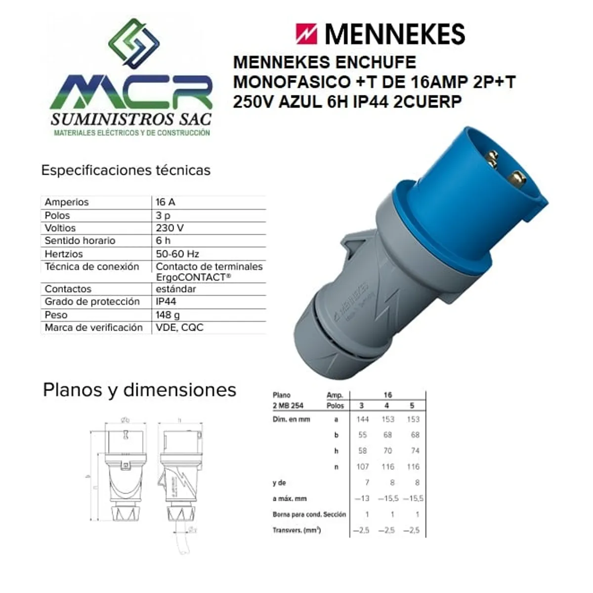 GENERICO - MENNEKES ENCHUFE MONOFASICO +T DE 16AMP 2P+T 250V AZUL 6H IP44 2CUERP