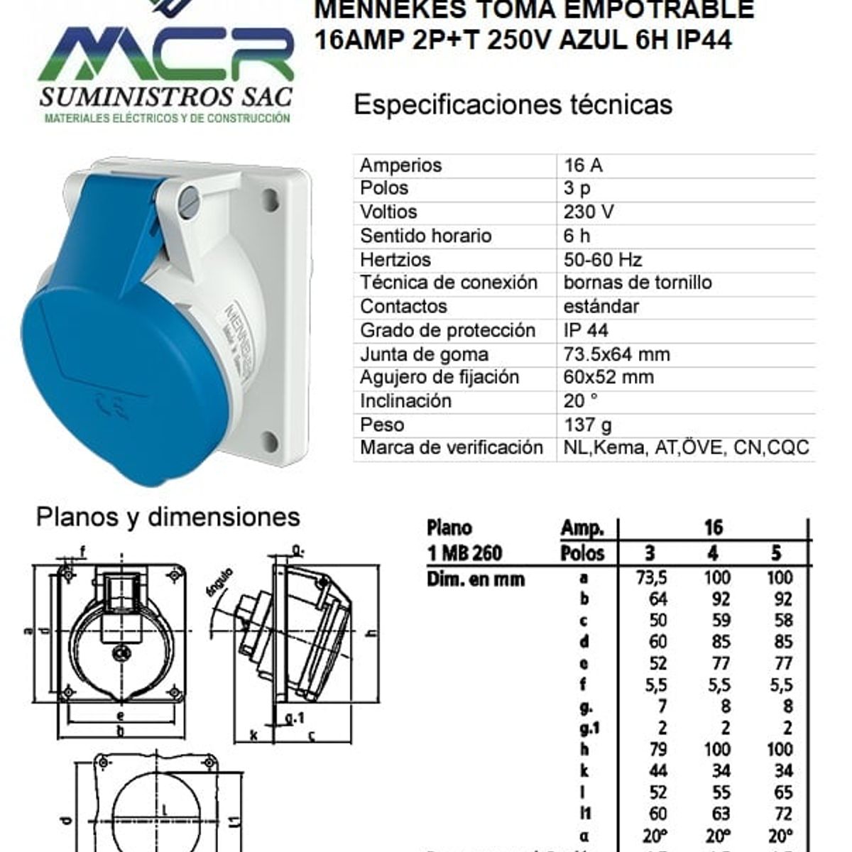 GENERICO - MENNEKES TOMA EMPOTRABLE 16AMP 2P+T 250V AZUL 6H IP44