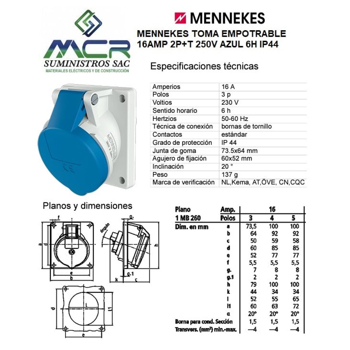 GENERICO - MENNEKES TOMA EMPOTRABLE 16AMP 2P+T 250V AZUL 6H IP44
