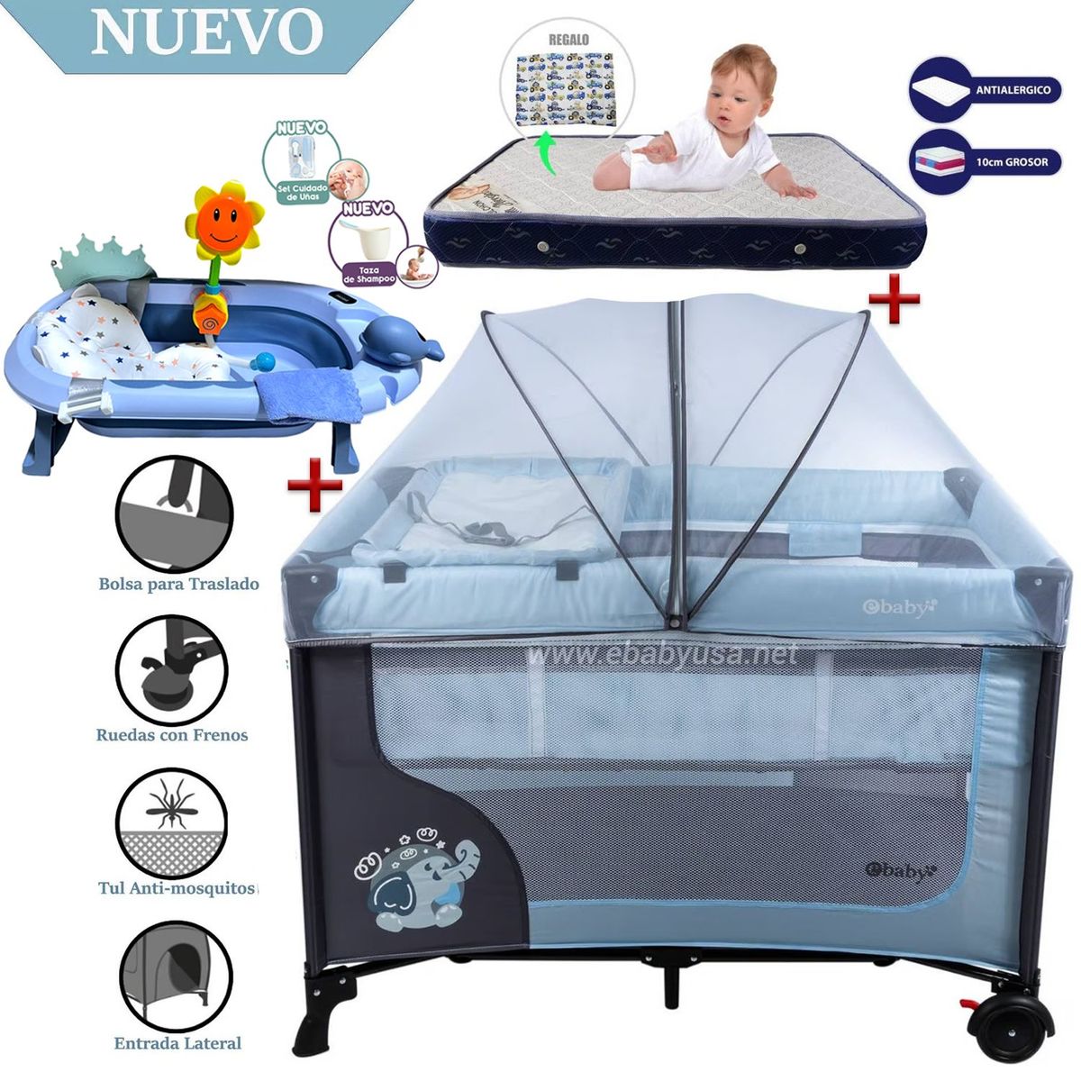 EBABY - Cuna Corral Ebaby Happy Dream Celeste-Colchón y Bañera