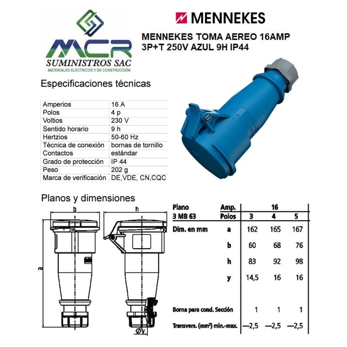 GENERICO - MENNEKES TOMA AEREO 16AMP 3P+T 250V AZUL 9H IP44