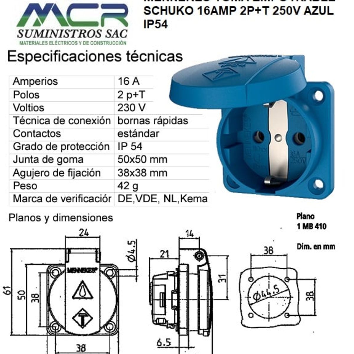 GENERICO - MENNEKES TOMA SCHUKO EMPOTRABLE 16AMP 2P+T 250V AZUL IP54