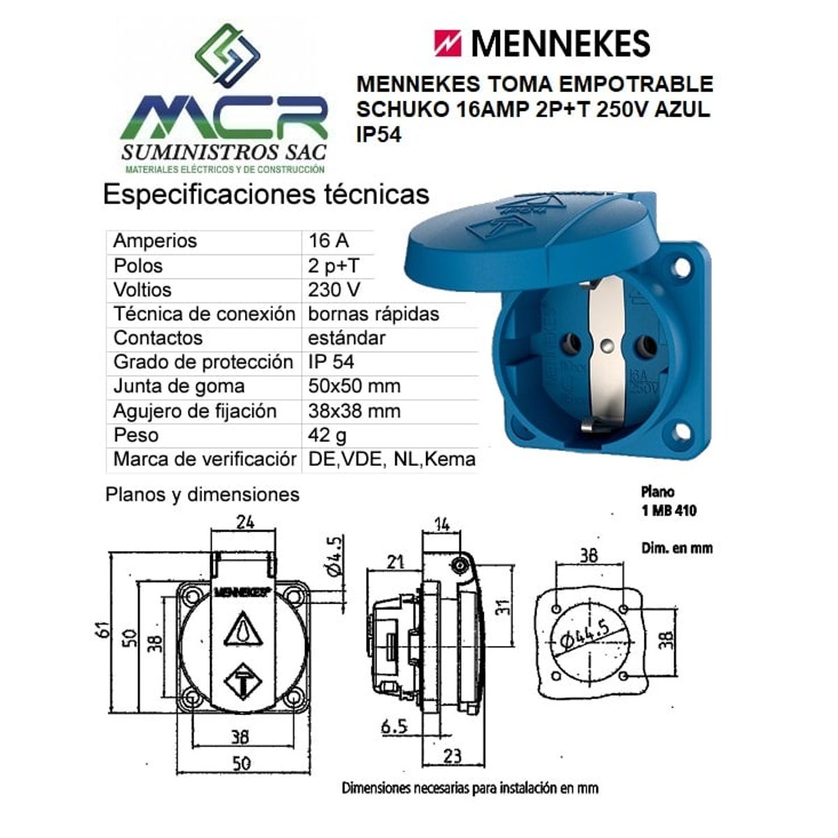 GENERICO - MENNEKES TOMA SCHUKO EMPOTRABLE 16AMP 2P+T 250V AZUL IP54
