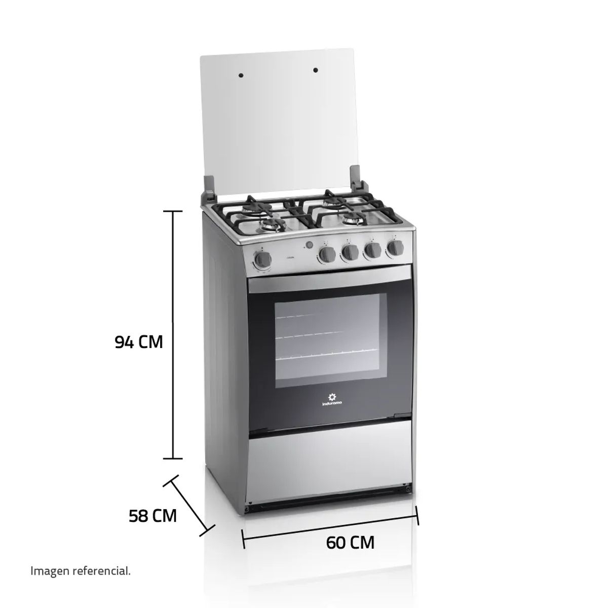 INDURAMA - Cocina Coruña a gas con 4 quemadores sellados Tapa de vidrio templado.