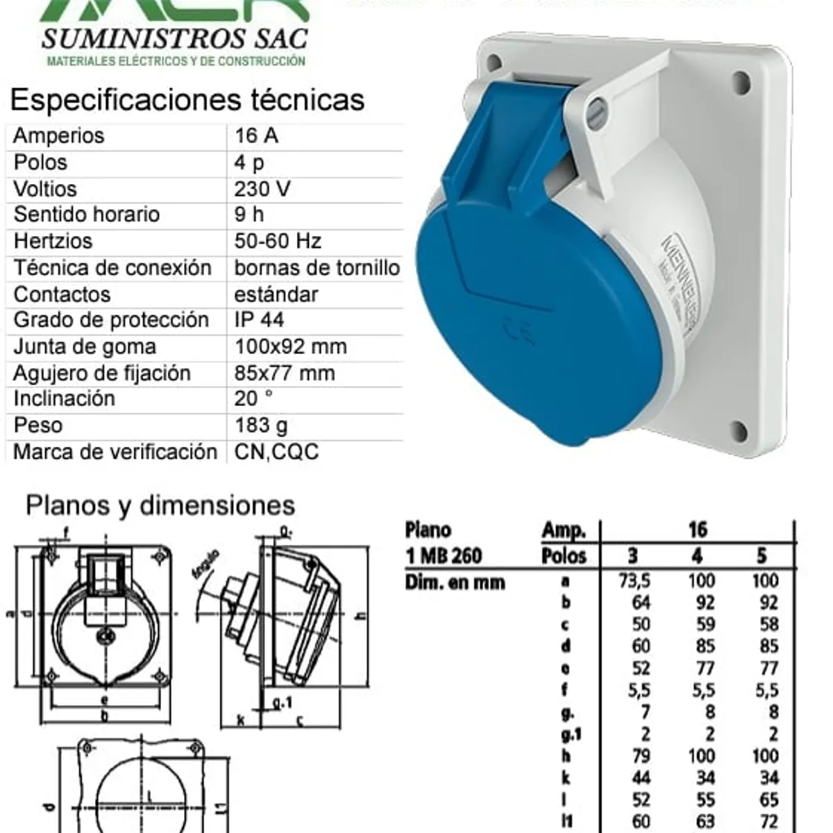 GENERICO - MENNEKES TOMA EMPOTRABLE 16AMP 3P+T 250V AZUL 9H IP44