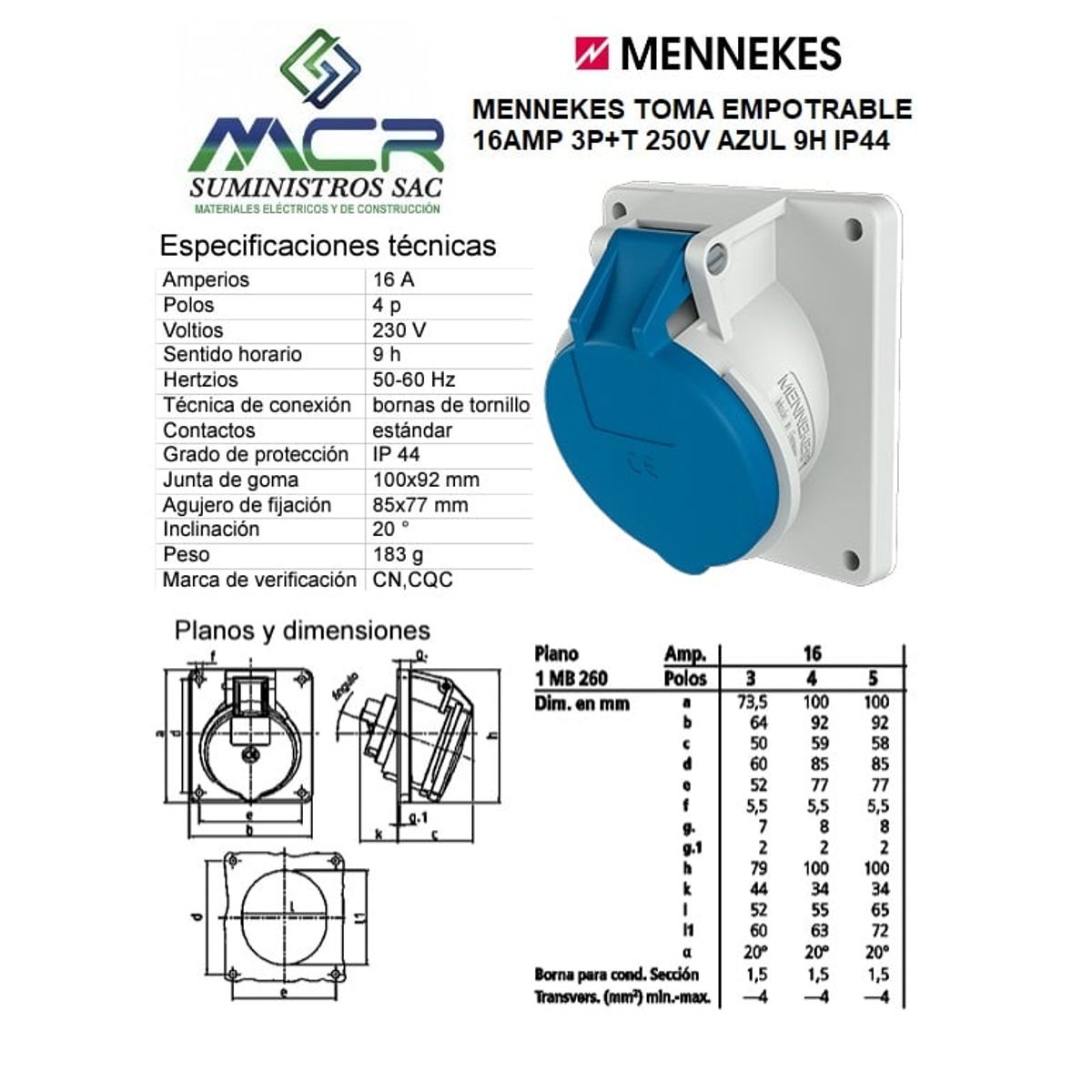 GENERICO - MENNEKES TOMA EMPOTRABLE 16AMP 3P+T 250V AZUL 9H IP44