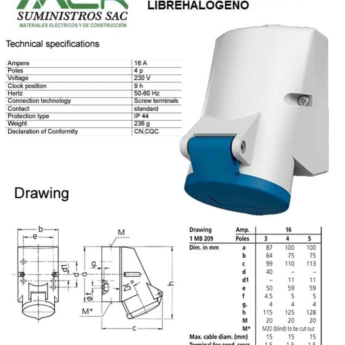 GENERICO - MENNEKES TOMA VISIBLE 16AMP 3P+T 250V AZUL 9H IP44 LIBREHALOGENO