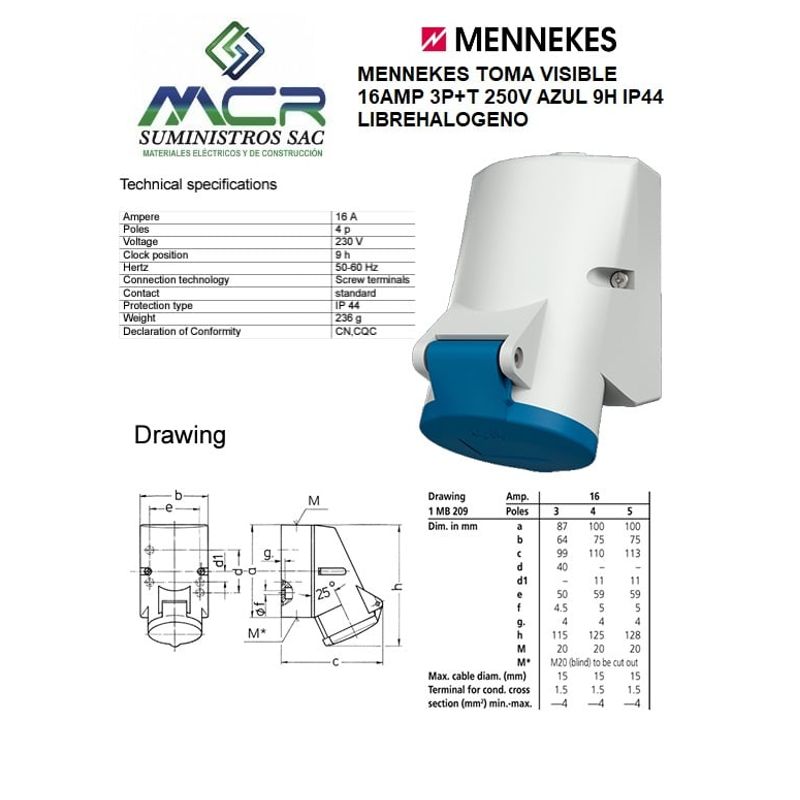 GENERICO - MENNEKES TOMA VISIBLE 16AMP 3P+T 250V AZUL 9H IP44 LIBREHALOGENO