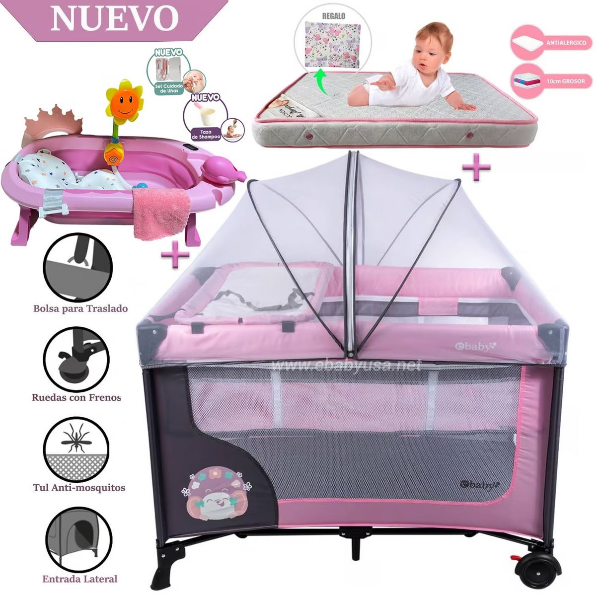EBABY - Cuna Corral Ebaby Happy Dream Rosado-Colchón y Bañera