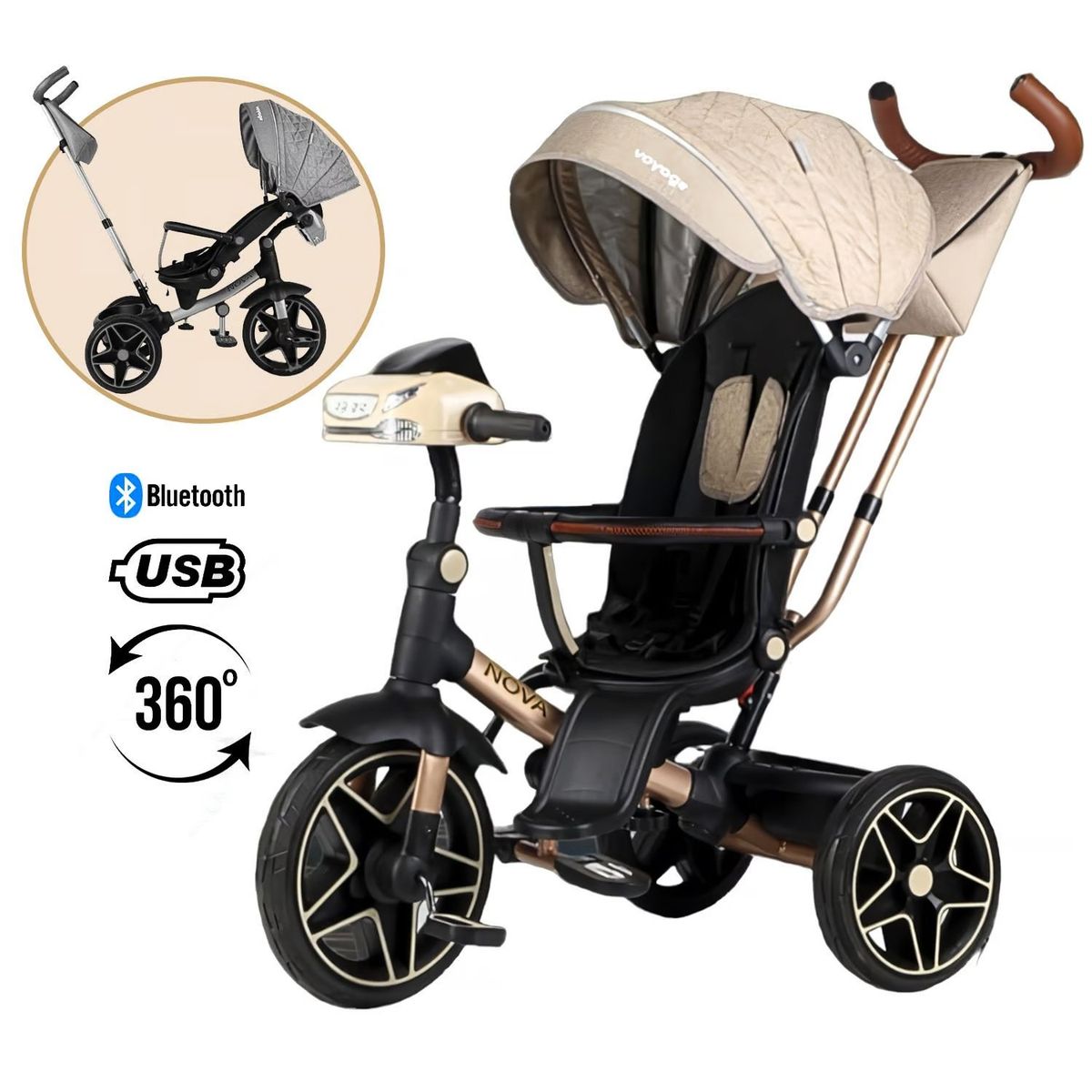 VOYAGE - Triciclo NOVA Giratorio 360° USB Bluetooth Tela UV Beige
