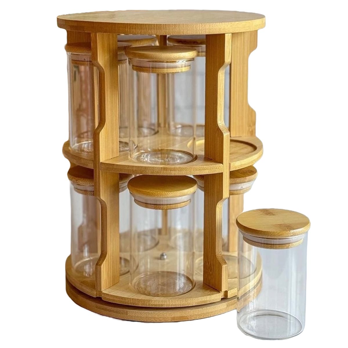GENERICO - Condimentero Giratorio Bambú de 10 Frascos de Vidrio