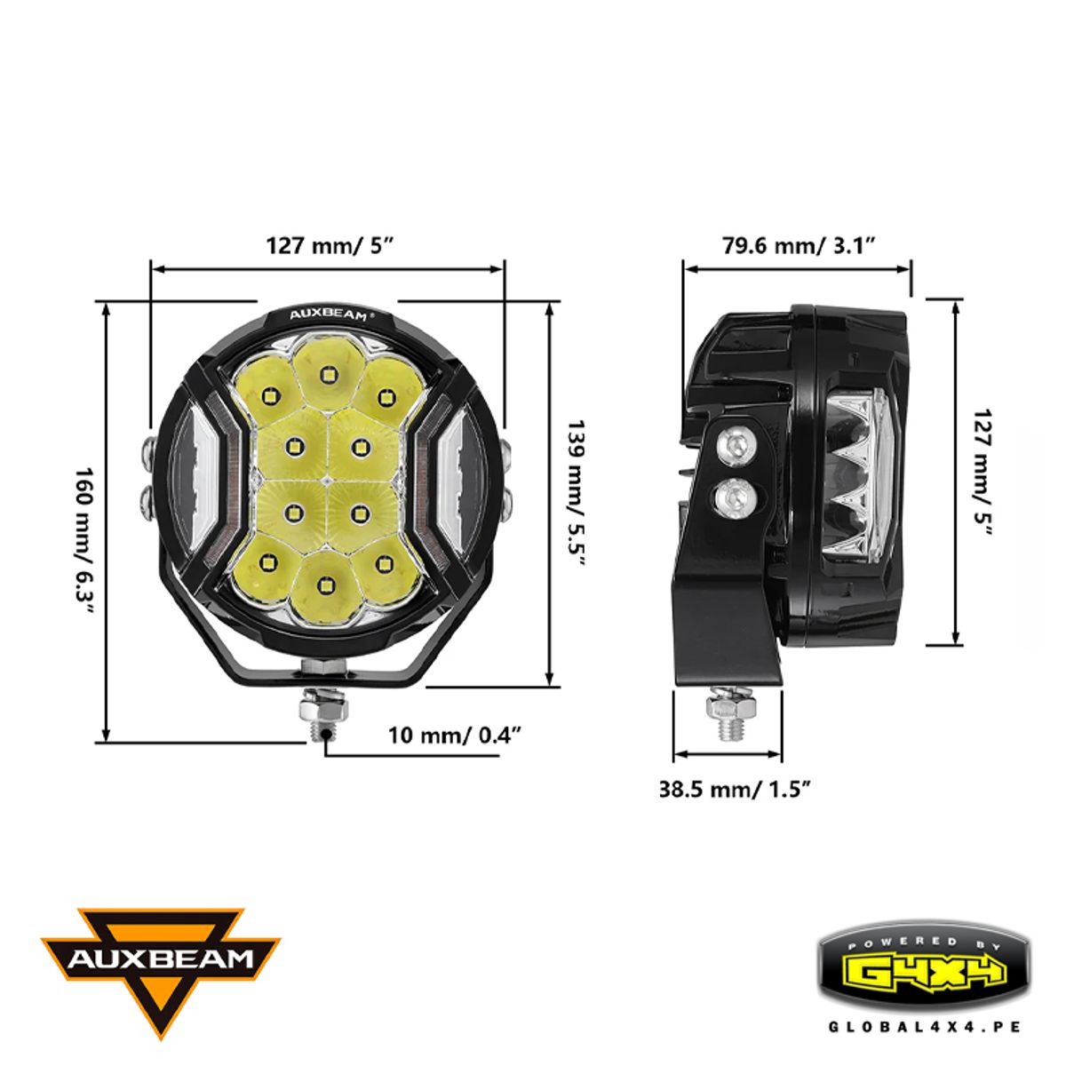 AUXBEAM - 2 FAROS LED 5' 172W 20400LM 3 MODOS LUZ BLANCA DRL AMBAR