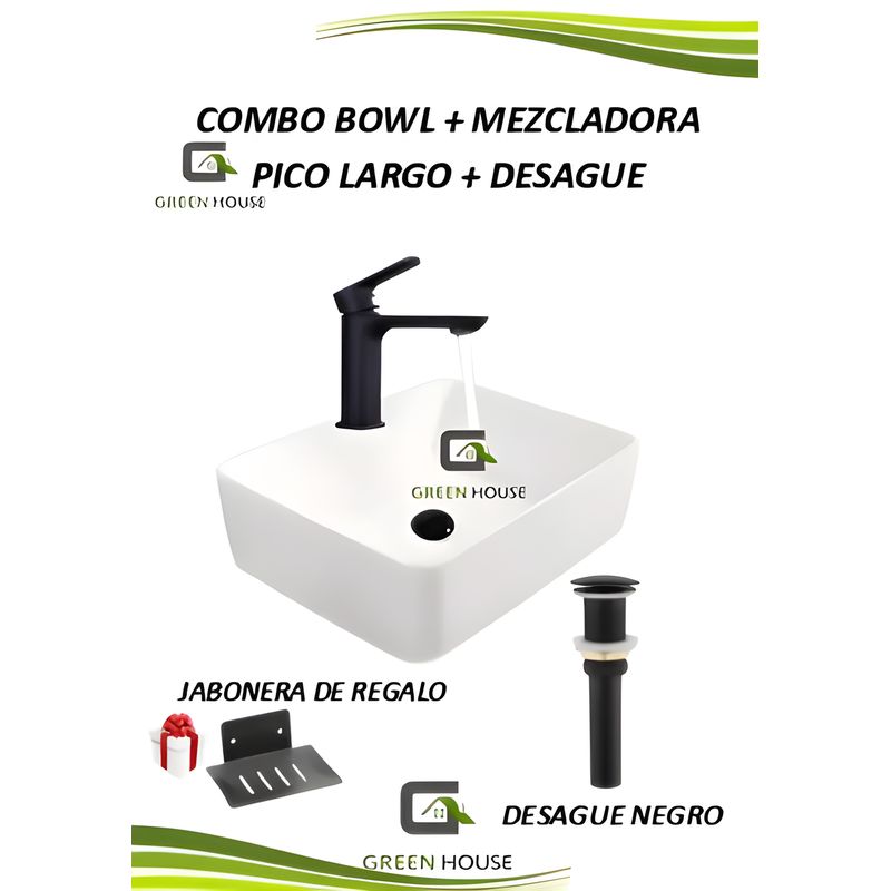 GREEN HOUSE - COMBO LAVATORIO  BLANCO + MEZCLADORA MONOMANDO NEGRO + DESAGUE