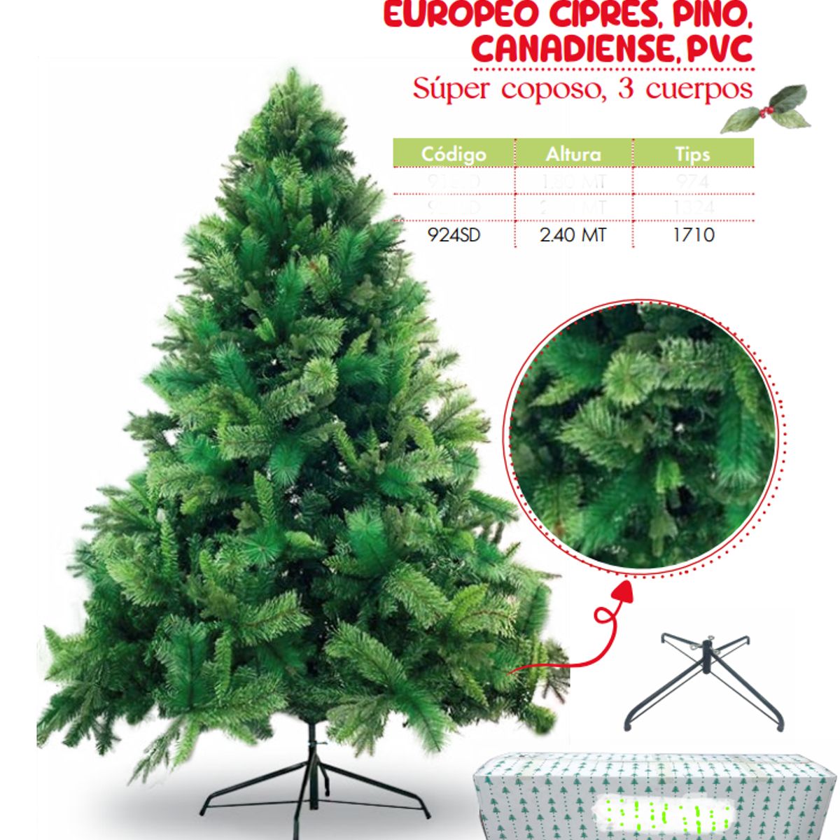 GENERICO - Árbol de navidad de 2 40mt EUROPEO CIPRES, PINO, CANADIENSE,PVC