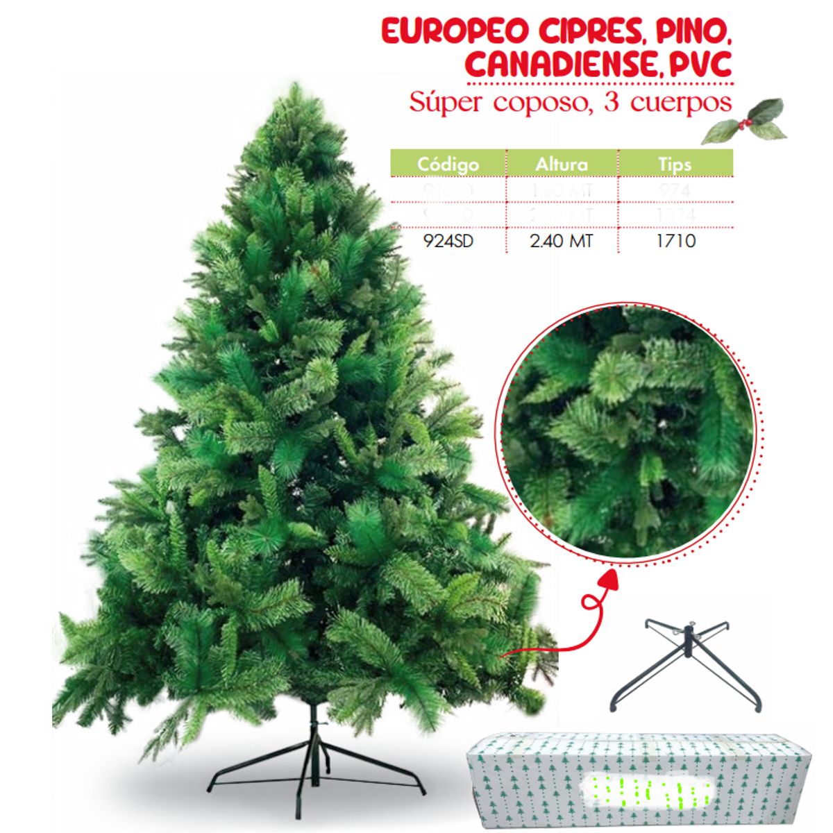 GENERICO - Árbol de navidad de 2 40mt EUROPEO CIPRES, PINO, CANADIENSE,PVC
