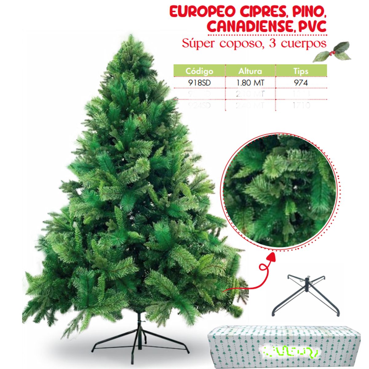 GENERICO - Árbol de navidad de 1 80mt EUROPEO CIPRES, PINO, CANADIENSE,PVC