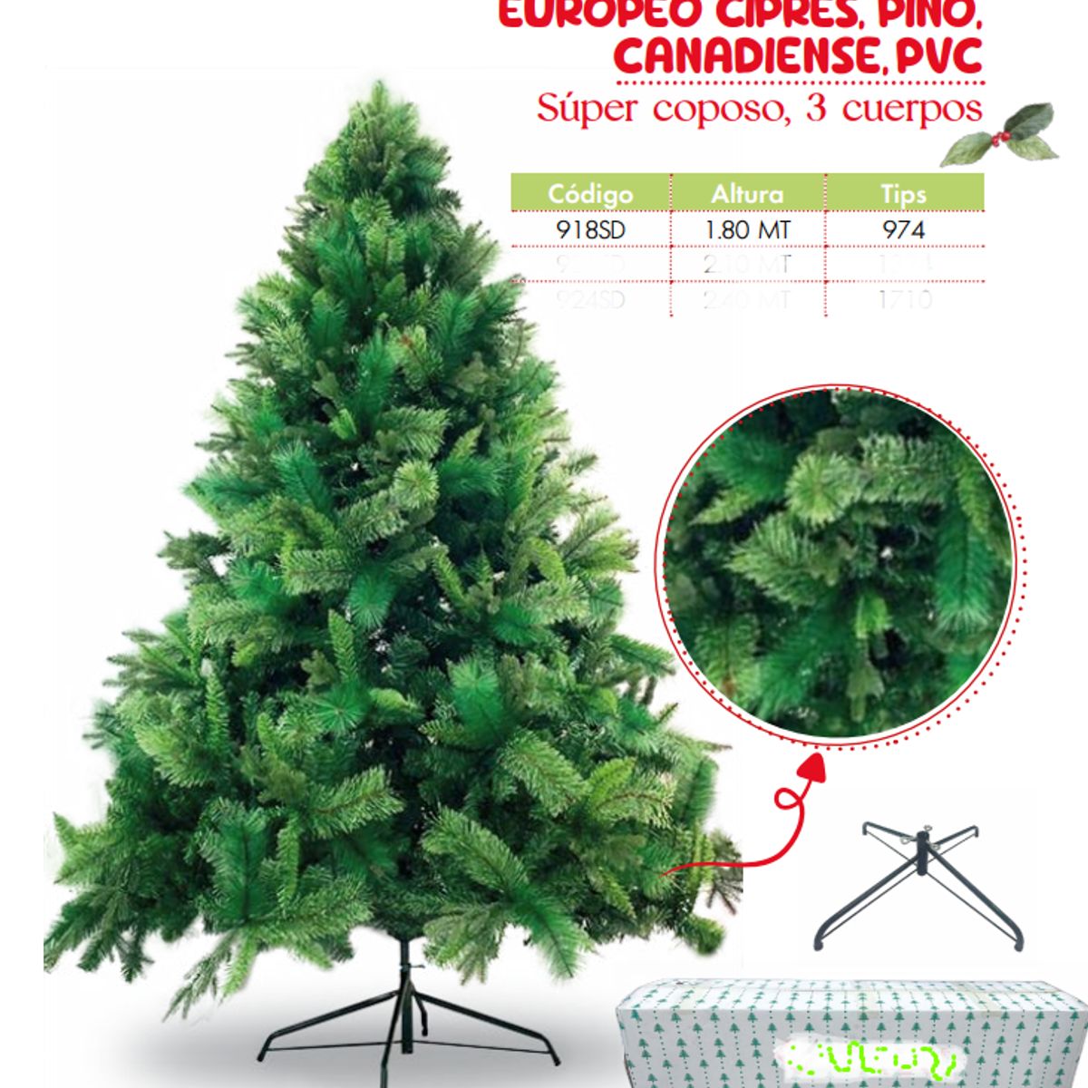GENERICO - Árbol de navidad de 1 80mt EUROPEO CIPRES, PINO, CANADIENSE,PVC