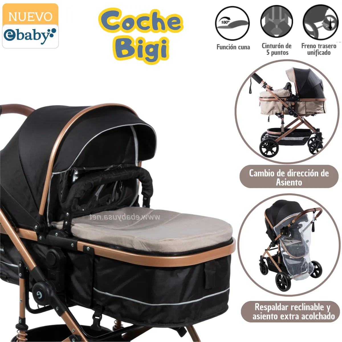 EBABY - Coche de Lujo Moises Bigi Beige con Tull