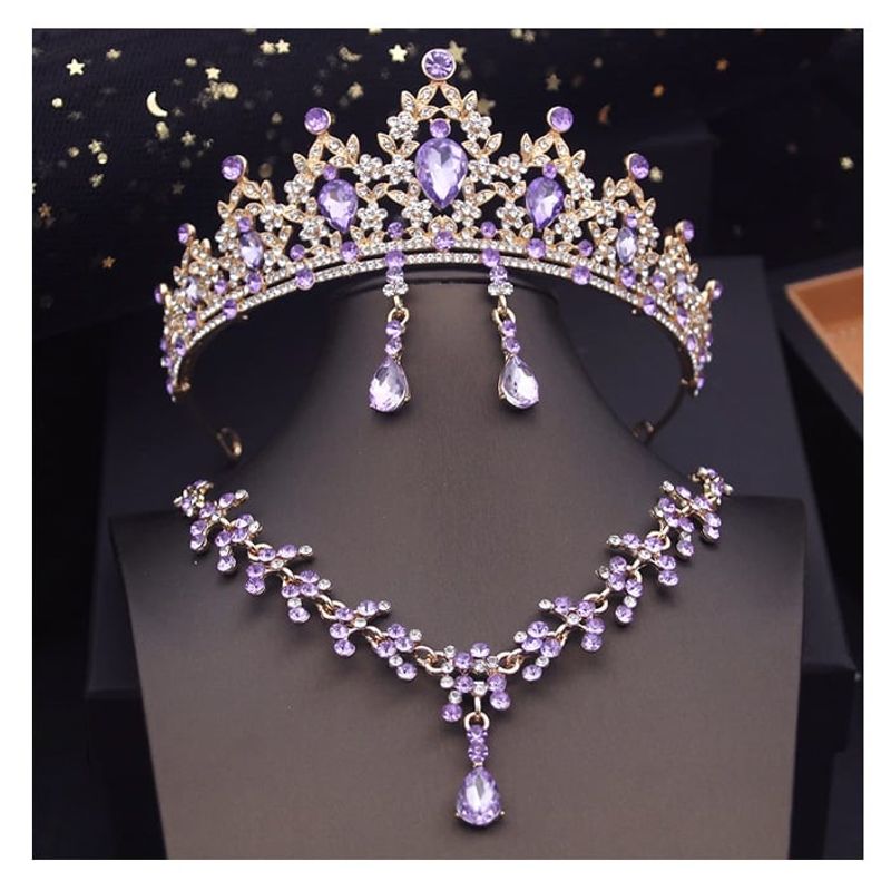 LA TIENDA 88 JOYAS Y ACCESORIOS - La Tienda 88 - Set Conjunto Corona Tiara collar y aretes Dorado - Lila
