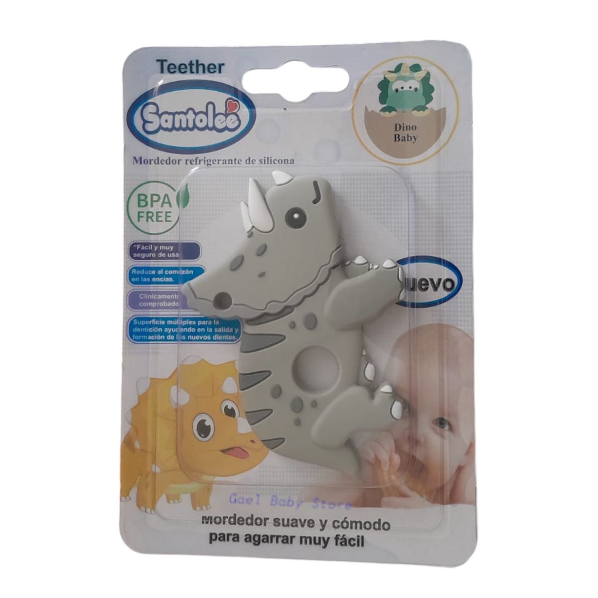 GENERICO - MORDEDOR SUAVE PARA BEBÉ - DINO BABY GRIS