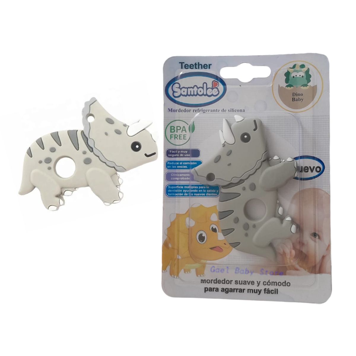 GENERICO - MORDEDOR SUAVE PARA BEBÉ - DINO BABY GRIS