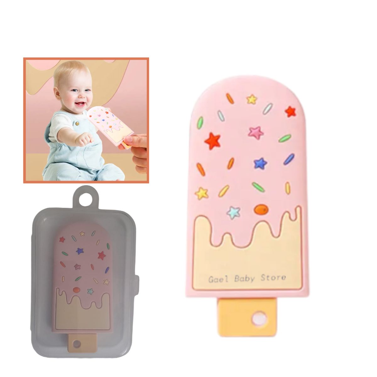 GENERICO - MORDEDOR SUAVE PARA BEBÉ - PALETA HELADO ROSADO