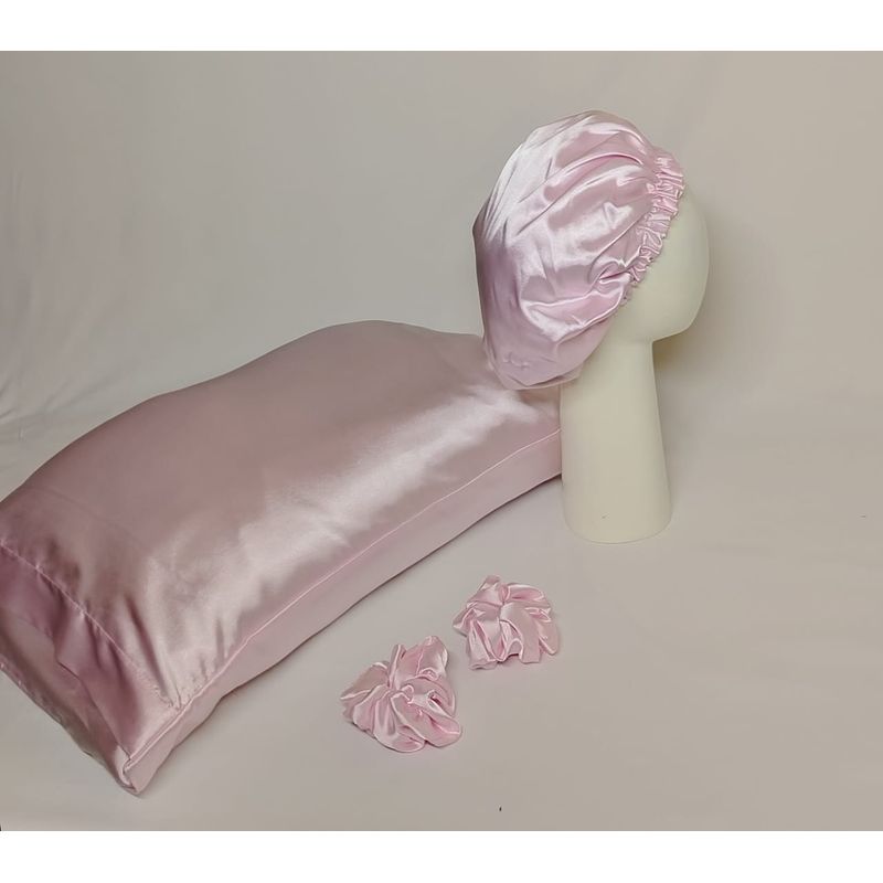 GENERICO - GORRO PARA DORMIR DE SATIN + FUNDA DE ALMOHADA ROSA BB