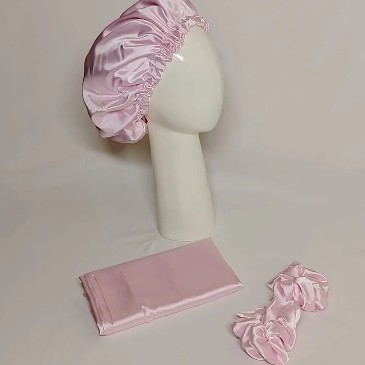 GENERICO - GORRO PARA DORMIR DE SATIN + FUNDA DE ALMOHADA ROSA BB