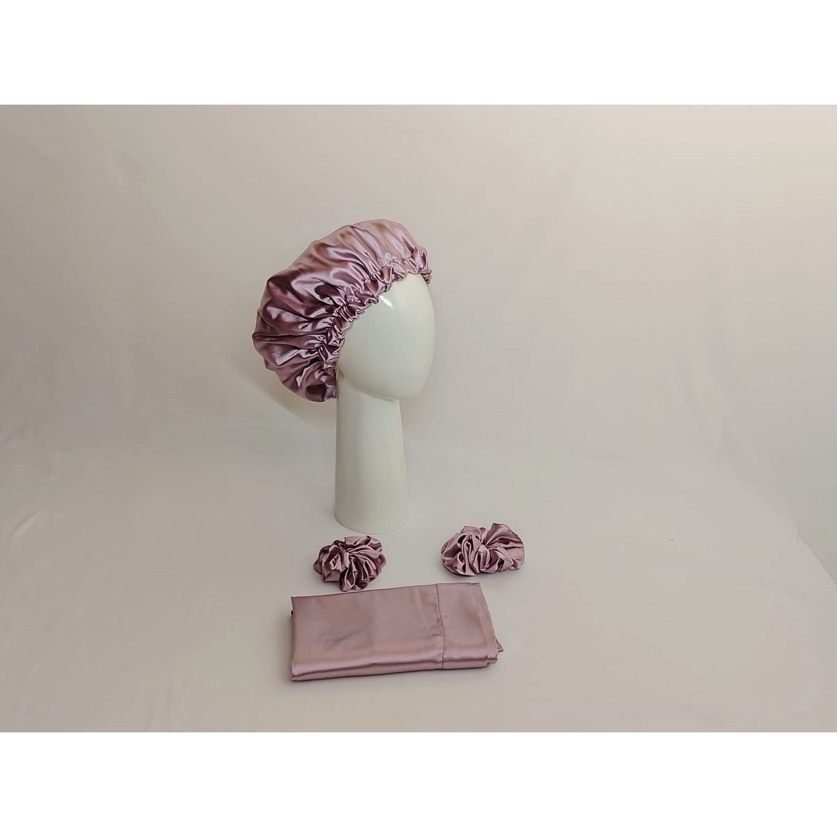 GENERICO - GORRO PARA DORMIR DE SATIN POR LOS DOS LADOS + FUNDA DE ALMOHADA MALVA