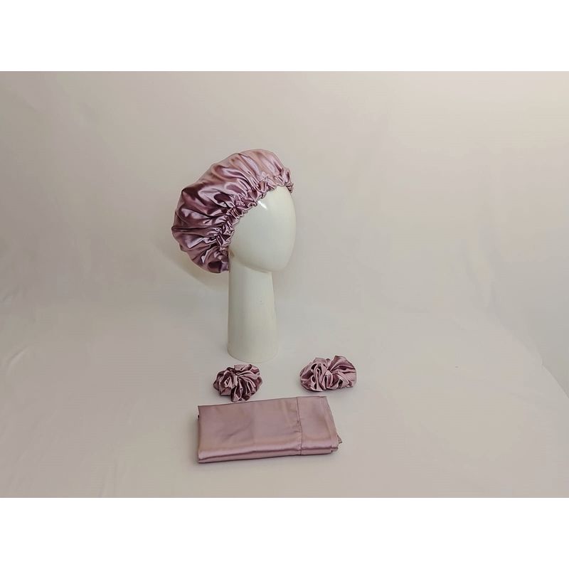 GENERICO - GORRO PARA DORMIR DE SATIN POR LOS DOS LADOS + FUNDA DE ALMOHADA MALVA