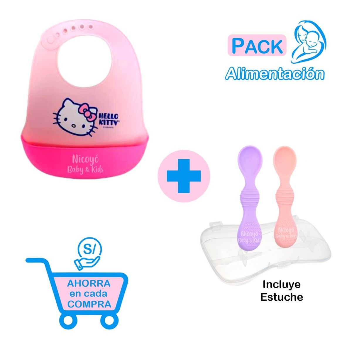 GENERICO - Pack Alimentación Niña- Babero de Silicona y Set de Cucharas