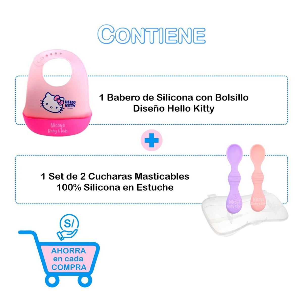 GENERICO - Pack Alimentación Niña- Babero de Silicona y Set de Cucharas