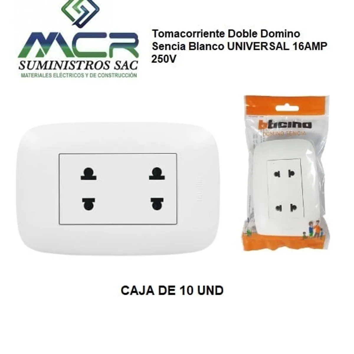 GENERICO - Tomacorriente Doble Domino Sencia Blanco UNIVERSAL 16AMP 250V x 10und