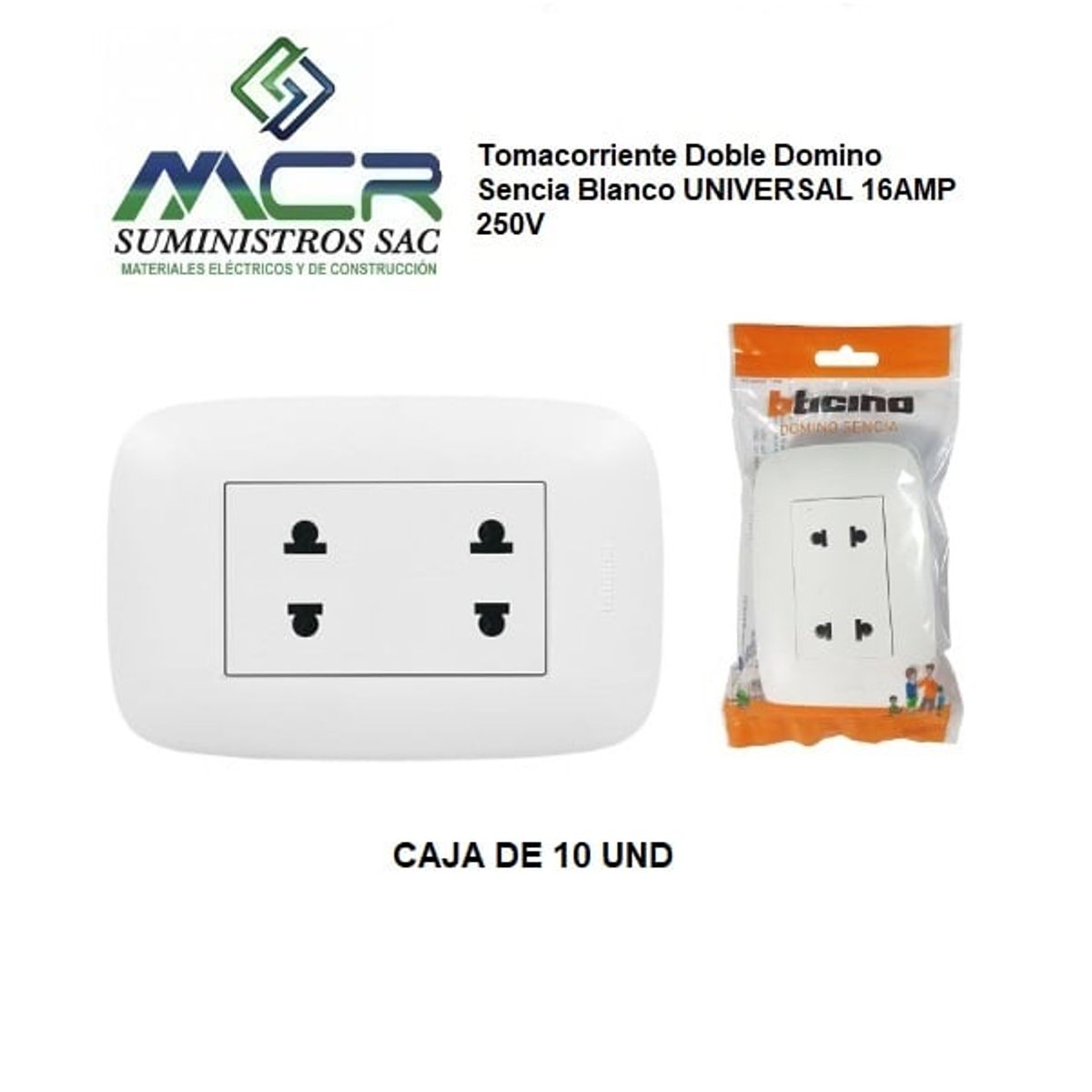 GENERICO - Tomacorriente Doble Domino Sencia Blanco UNIVERSAL 16AMP 250V x 10und