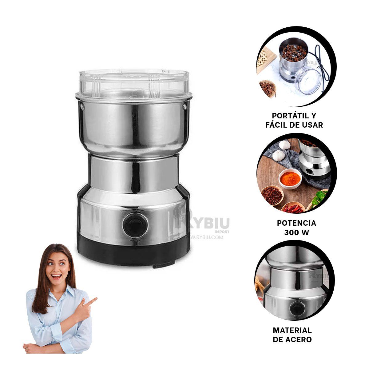 RYBIU IMPORT - Molinillo Electrico y Practico Plateado Y+Post-it Adhesivos