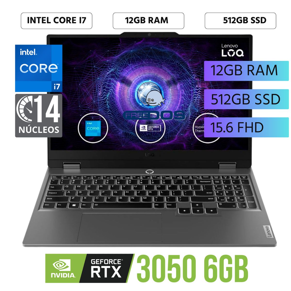 LENOVO - Laptop Lenovo LOQ 15IRX9 Intel Core i7-13650HX Ram 12GB SSD 512GB RTX 3050 6GB 15.6" FHD Win 11