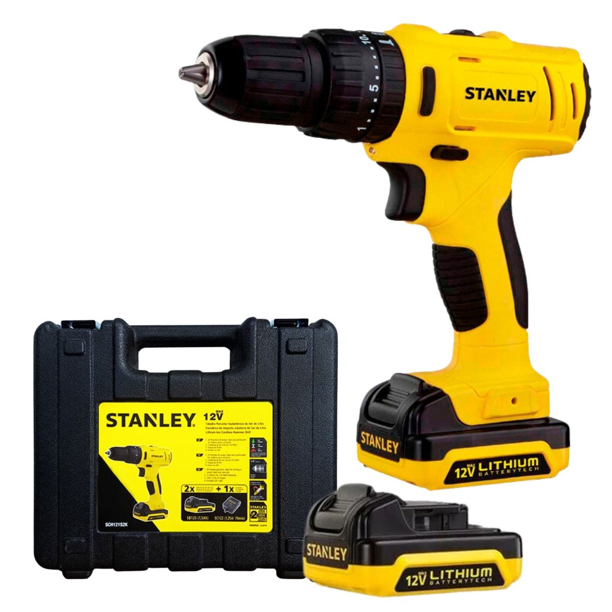 STANLEY - Taladro percutor inalámbrico 12V + 2 BATERIAS, MALETA USO RUDO STANLEY