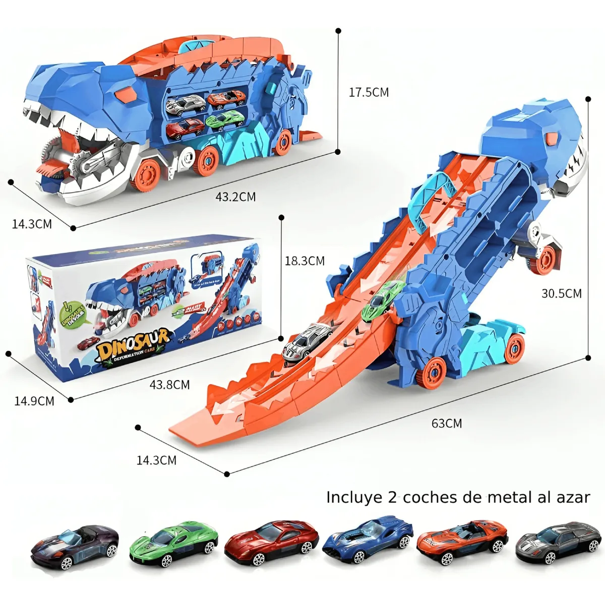 GENERICO - Camión Dinosaurio TRex  3 en 1 Pista, almacena  y come autos