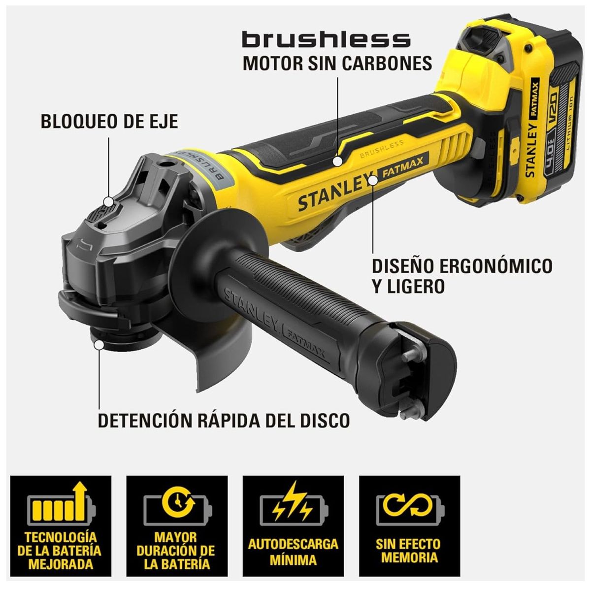 STANLEY - Amoladora Inalámbrica Brushless Esmeriladora Angular  20V STANLEY