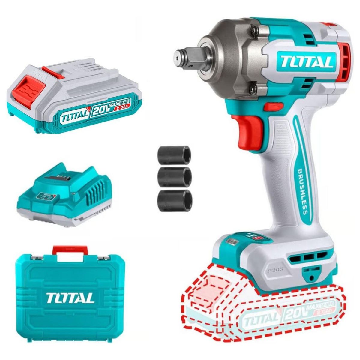 TOTAL TOOLS - Llave Impacto 1/2 + 2 Baterías 2ah + Carg TIWLI2038  Total