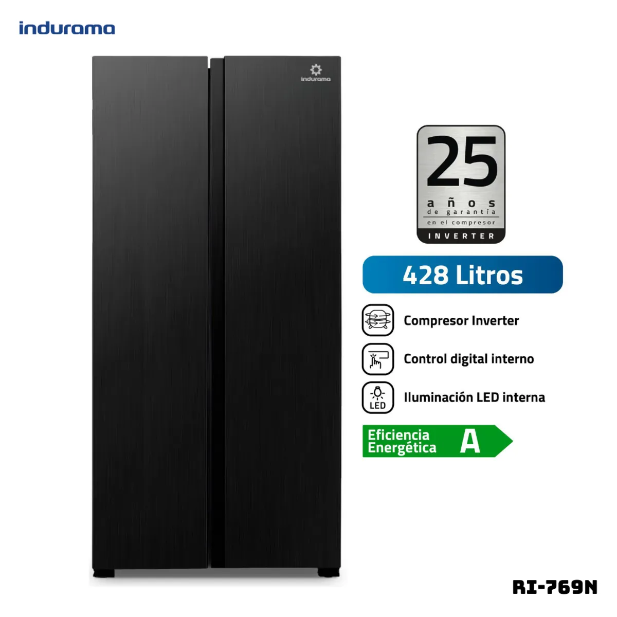 INDURAMA - REFRIGERADORA INDURAMA 428 L SIDE BY SIDE NEGRO - RI-769N