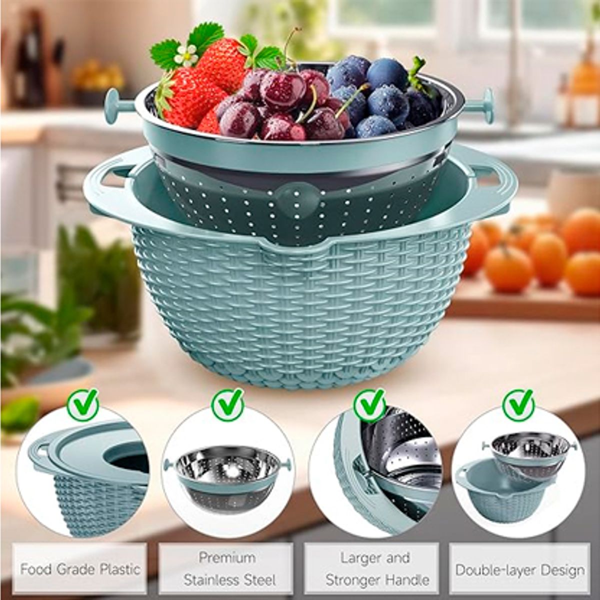 WELL BEING - Colador de Cocina 4 en 1 – Con Tazón, Tapa y Múltiples Usos