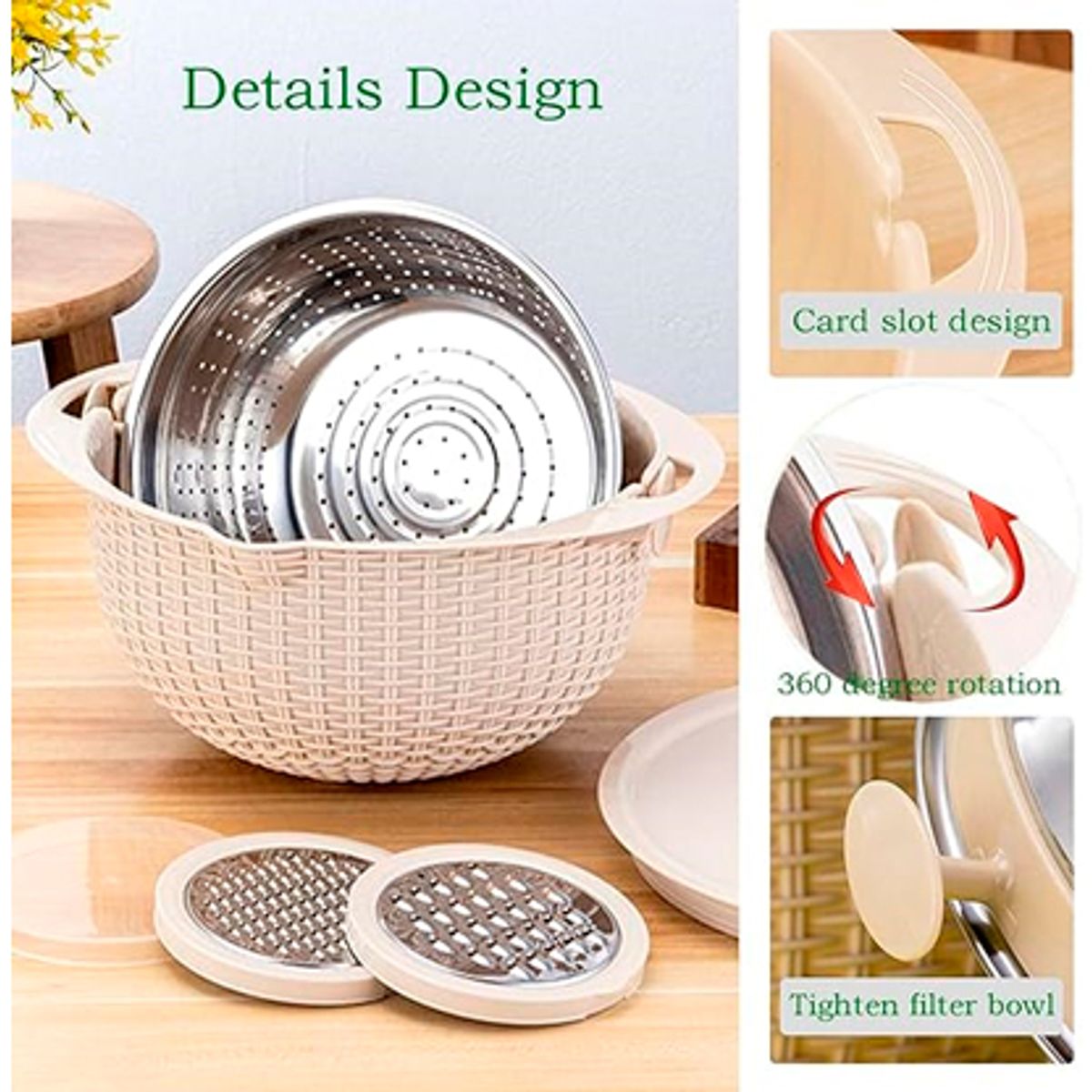 WELL BEING - Colador de Cocina 4 en 1 – Con Tazón, Tapa y Múltiples Usos